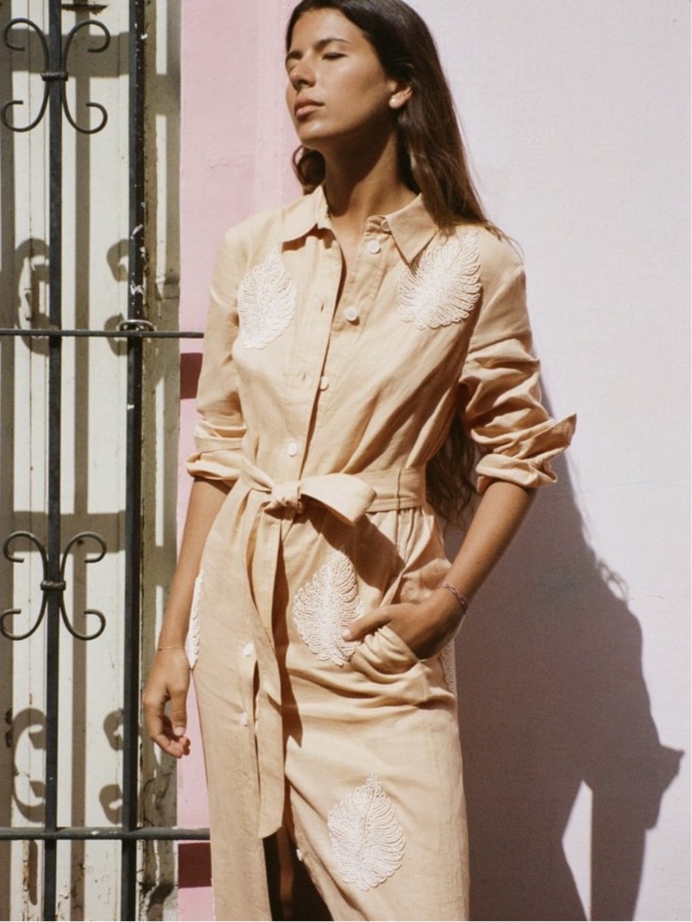 Zara beige linen Palm leaf beaded Buttonup shirt dress size XL